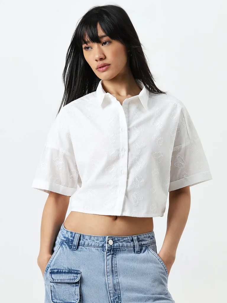 Nuon White Embroidered Cut-Out Detailed Cotton Shirt