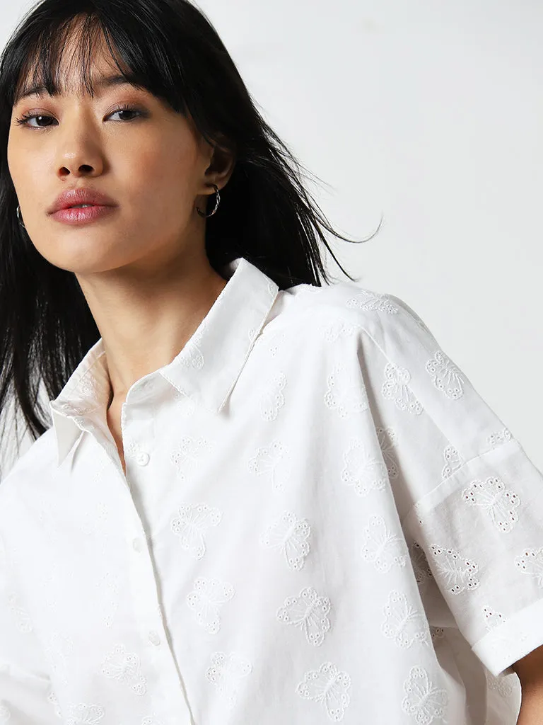 Nuon White Embroidered Cut-Out Detailed Cotton Shirt