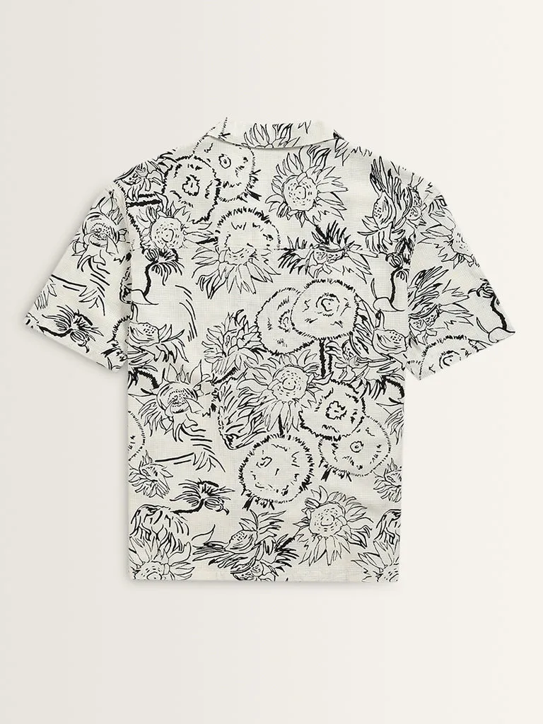 Nuon White Floral Printed Relaxed-Fit Shirt