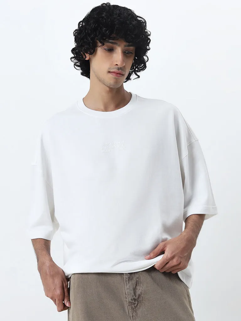 Nuon White Text Printed Relaxed Fit Cotton T-Shirt