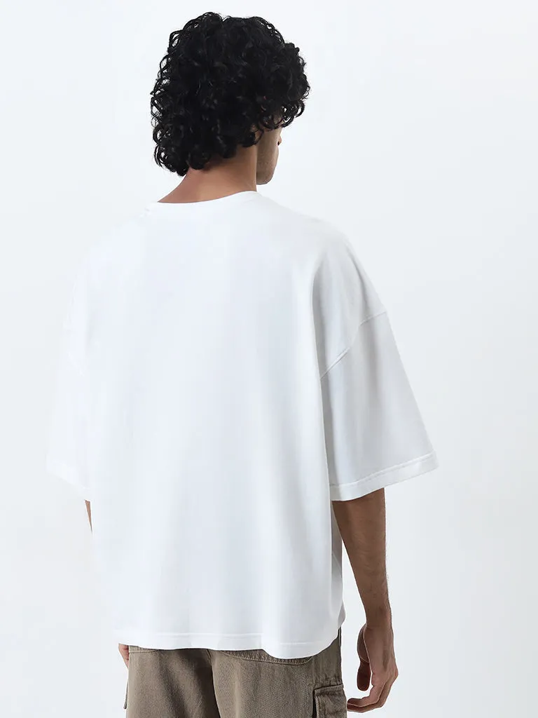 Nuon White Text Printed Relaxed Fit Cotton T-Shirt