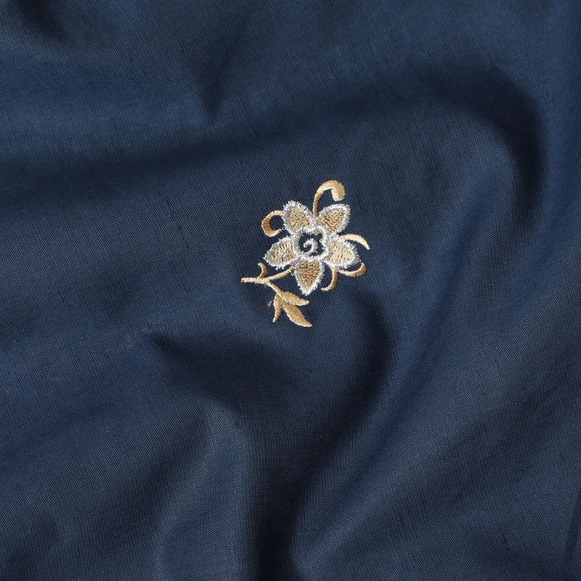 Petrol blue Premium pure linen fabric with gold and beige embroidery in floral design-D13435