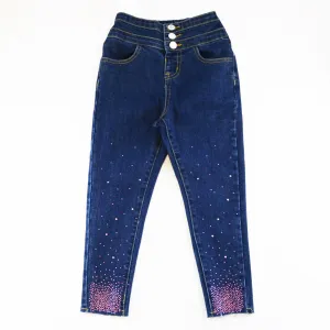 Pink Rhinestone Elastic Jeans - Blue