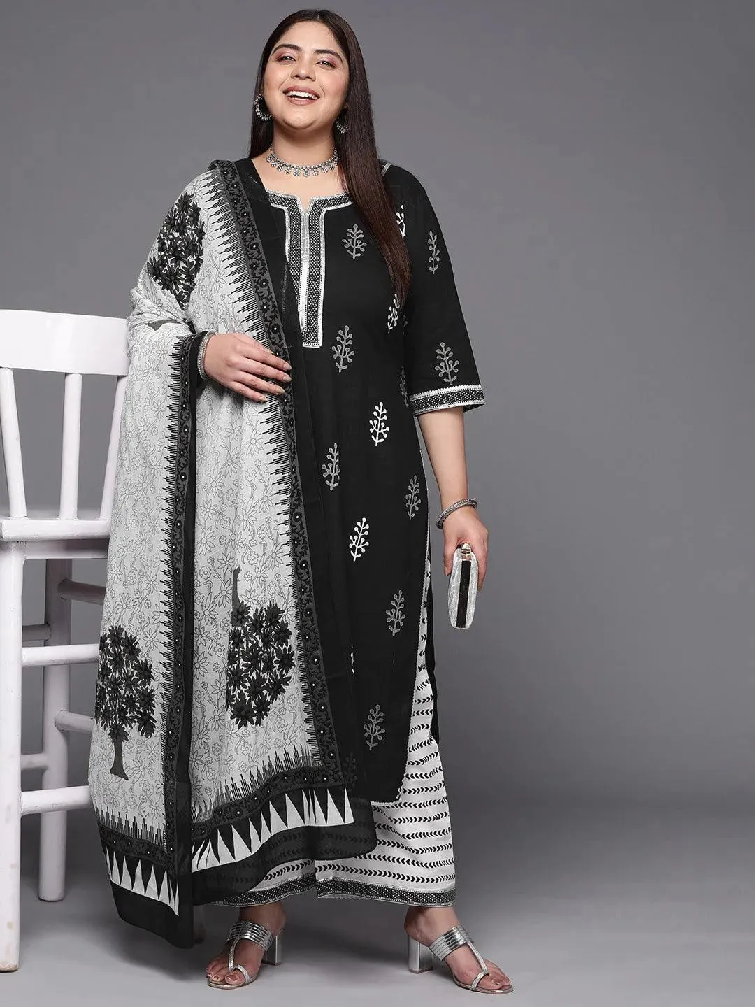 Plus Size Black Printed Cotton Straight Kurta With Trousers & Dupatta