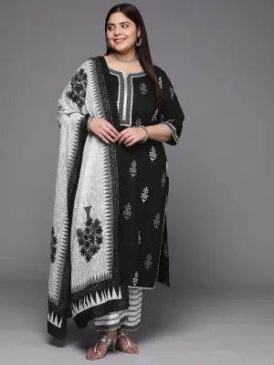 Plus Size Black Printed Cotton Straight Kurta With Trousers & Dupatta