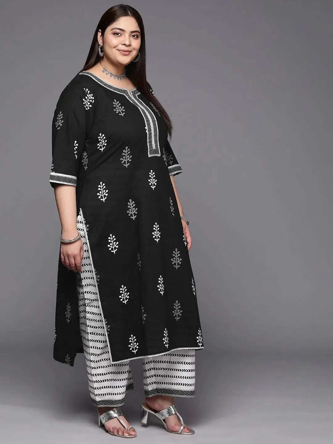 Plus Size Black Printed Cotton Straight Kurta With Trousers & Dupatta