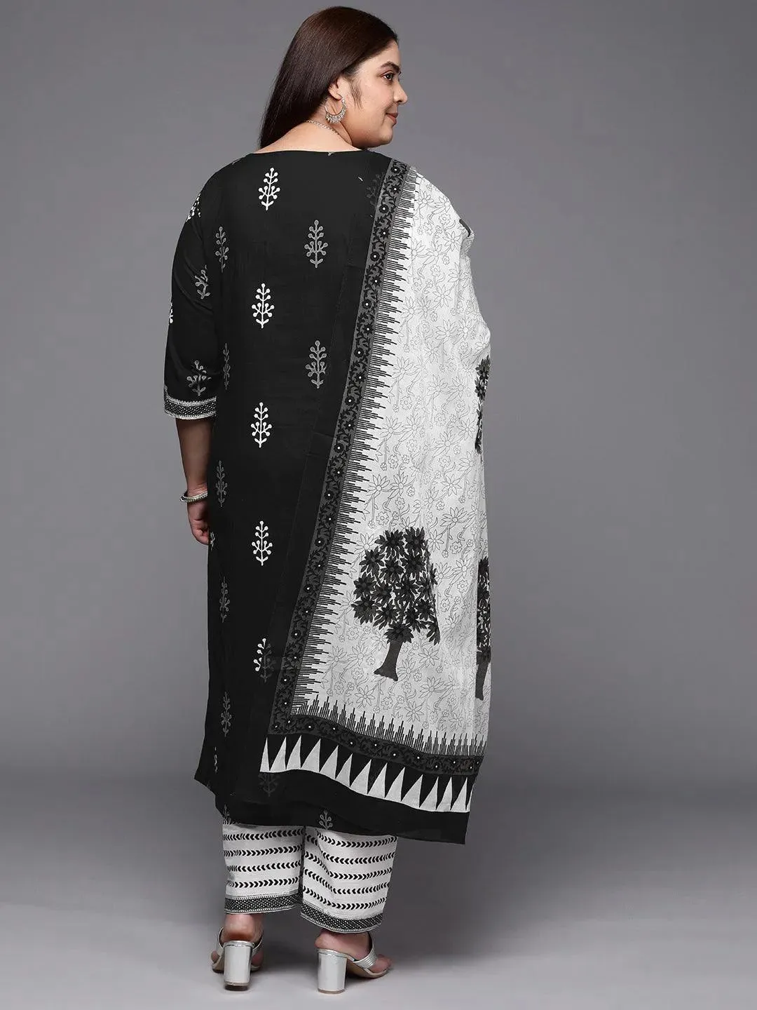 Plus Size Black Printed Cotton Straight Kurta With Trousers & Dupatta