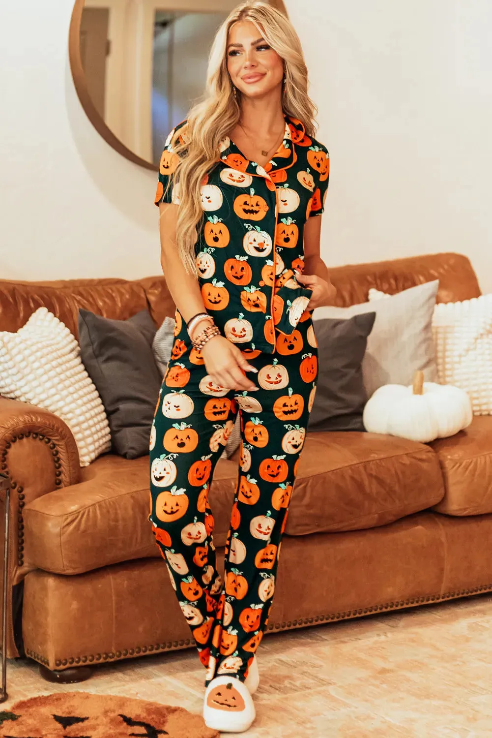 Pumpkin Printed Short Sleeve Top and Pants Lounge Set