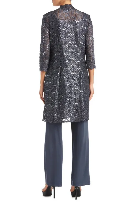 R&M Richards Metallic Lace Tank Top and Pant Set with Sheer Lace Jacket