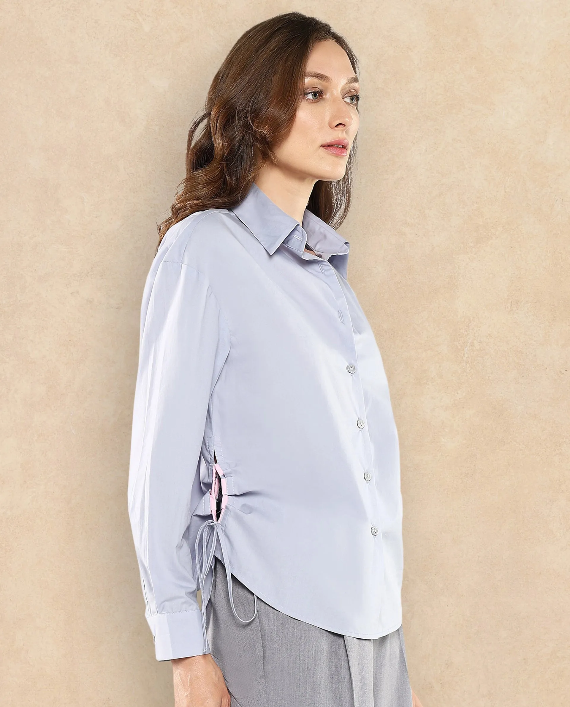 Rareism Women Oisin Light Grey Cuffed Sleeves Collared Neck Button Closure Plain Top