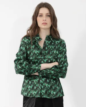 Rareism Women Unio Dark Green Polyester Fabric Full Sleeves Button Closure Shirt Collar Regular Fit Geometric Print Shirt