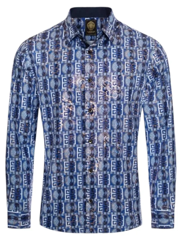 Royal Blue Paisley Luxury Design Men's Long Sleeve Vintage Shirt Regular-Fit Style No: 2421