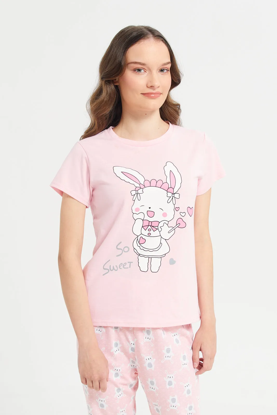 Senior Girls Pink Printed Short Sleeve Pyjama Set (2 Piece)