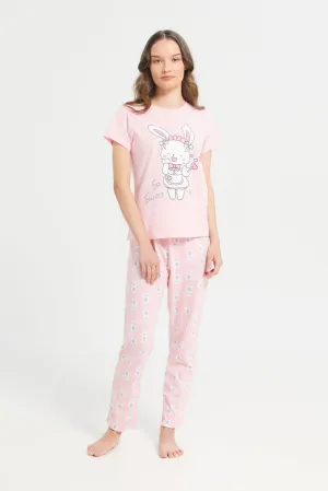 Senior Girls Pink Printed Short Sleeve Pyjama Set (2 Piece)