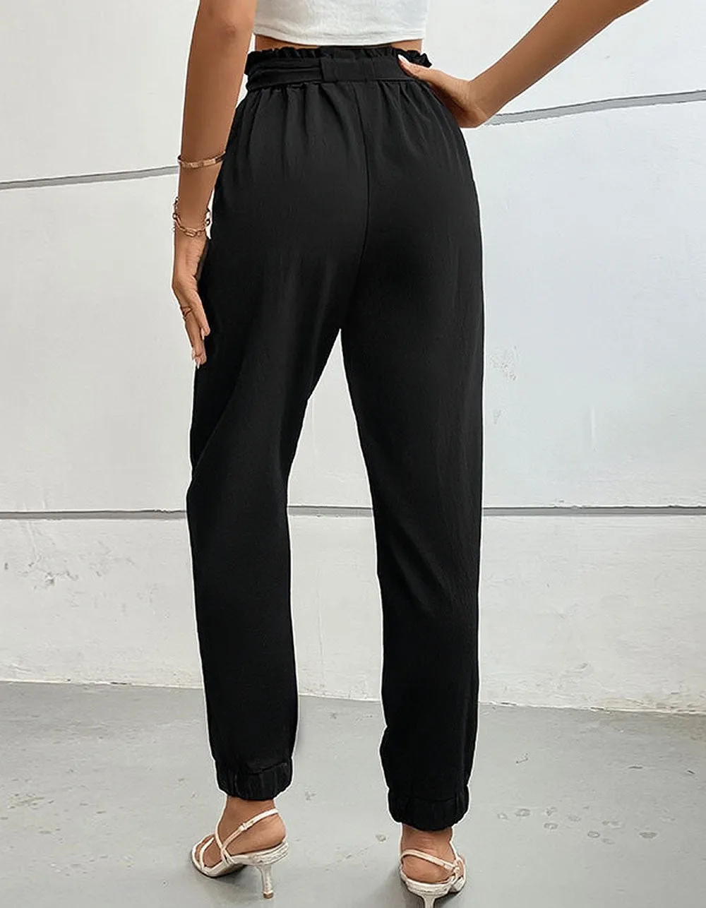 Solid-color High Waist Belted Pocket Pants