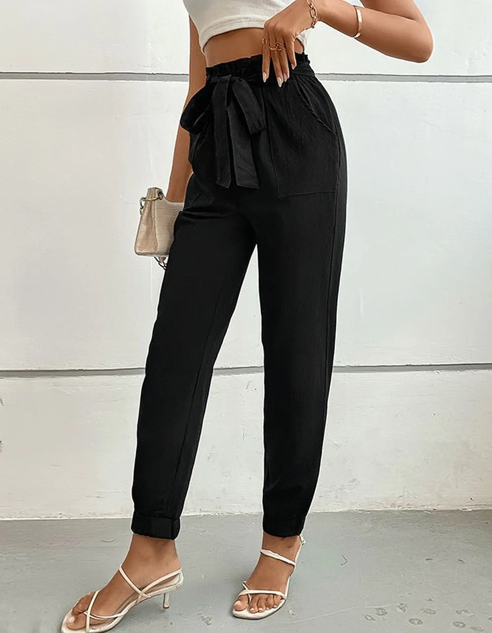 Solid-color High Waist Belted Pocket Pants