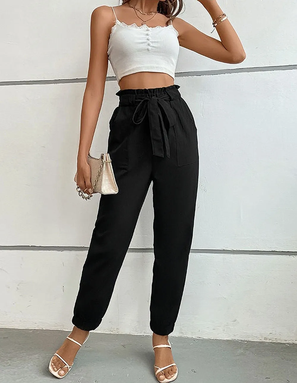 Solid-color High Waist Belted Pocket Pants