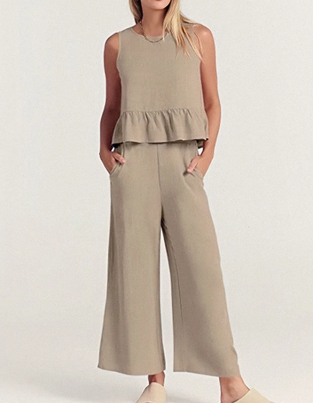 Solid-color Round Neck Sleeveless Vest Wide Leg Set