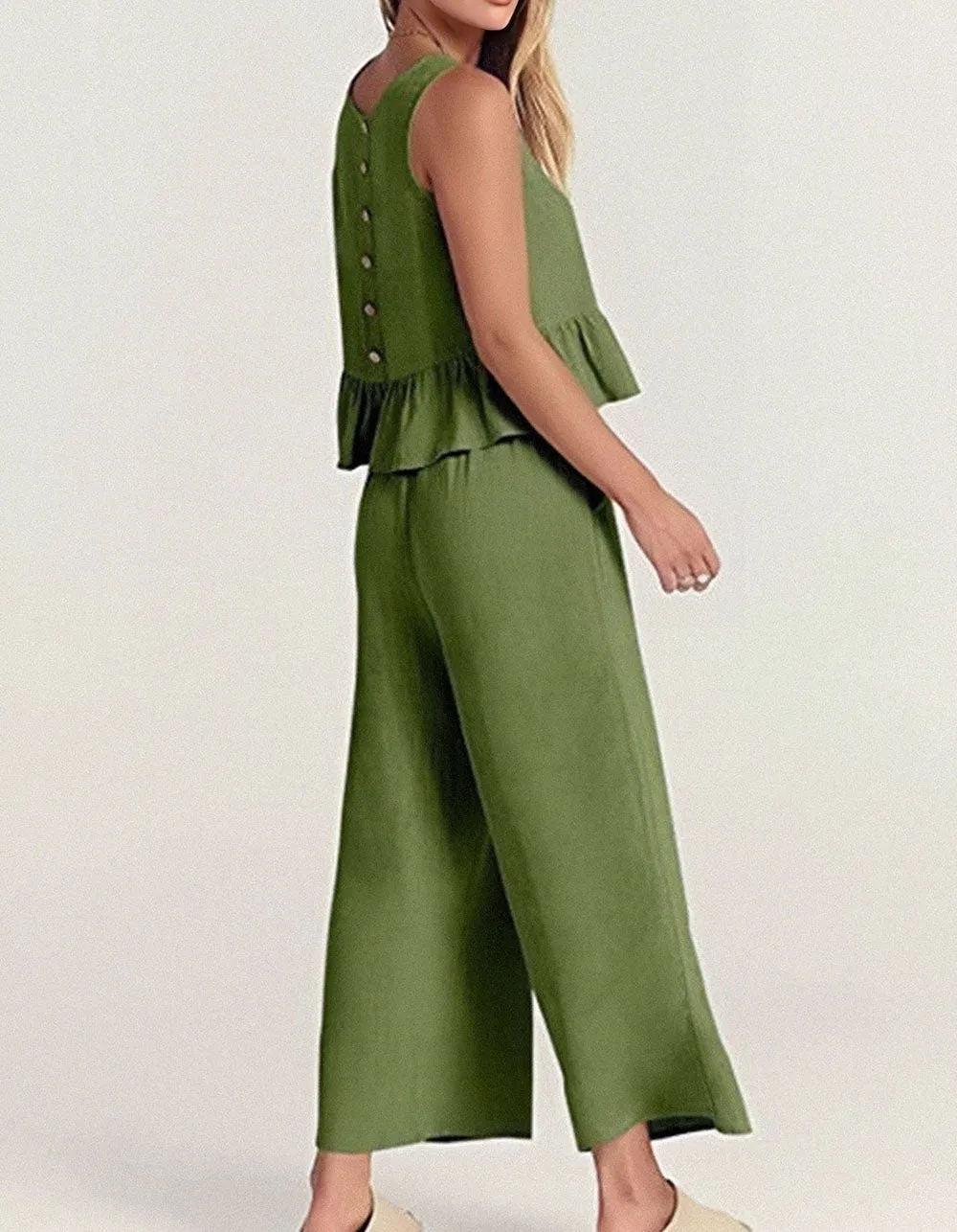 Solid-color Round Neck Sleeveless Vest Wide Leg Set