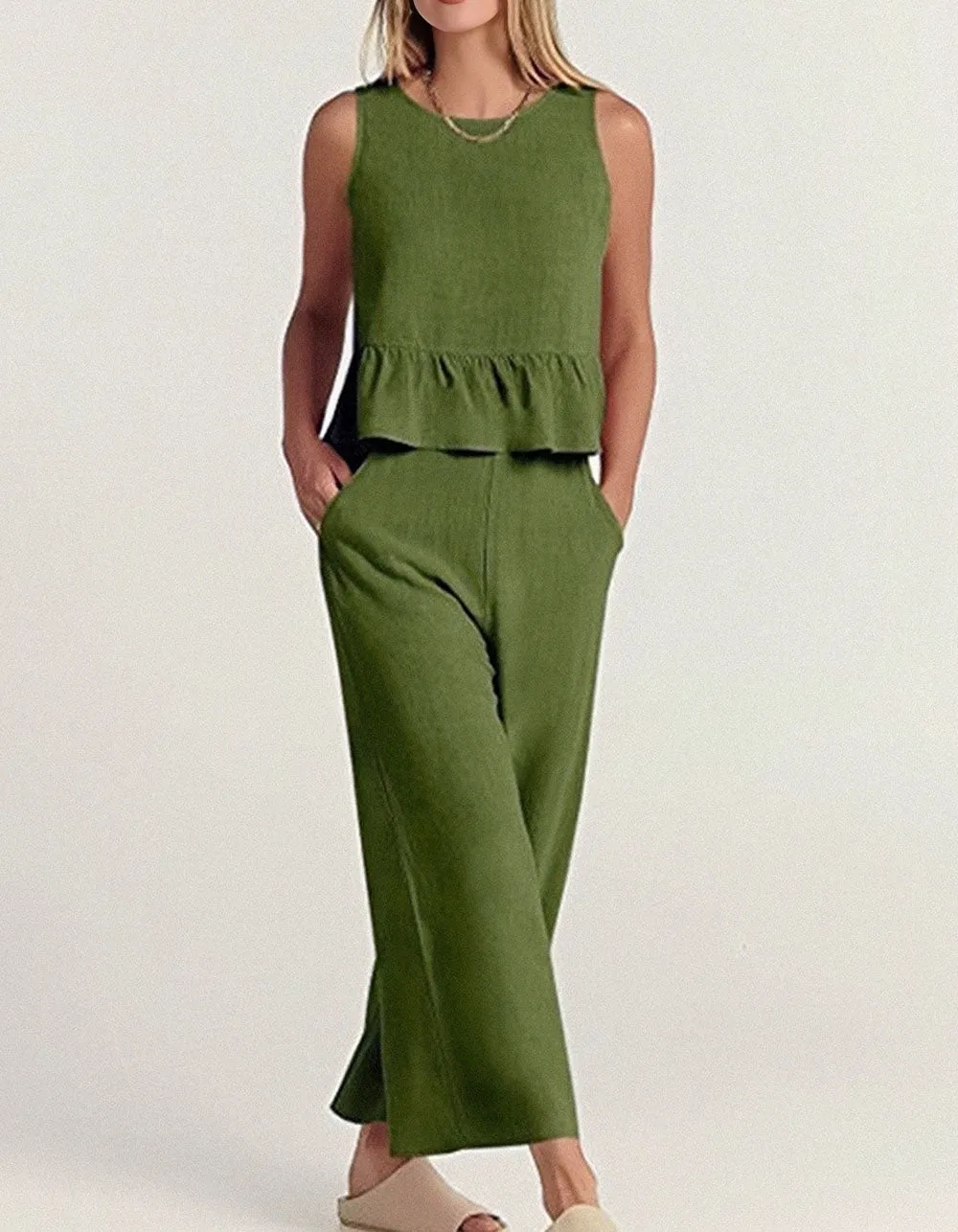 Solid-color Round Neck Sleeveless Vest Wide Leg Set