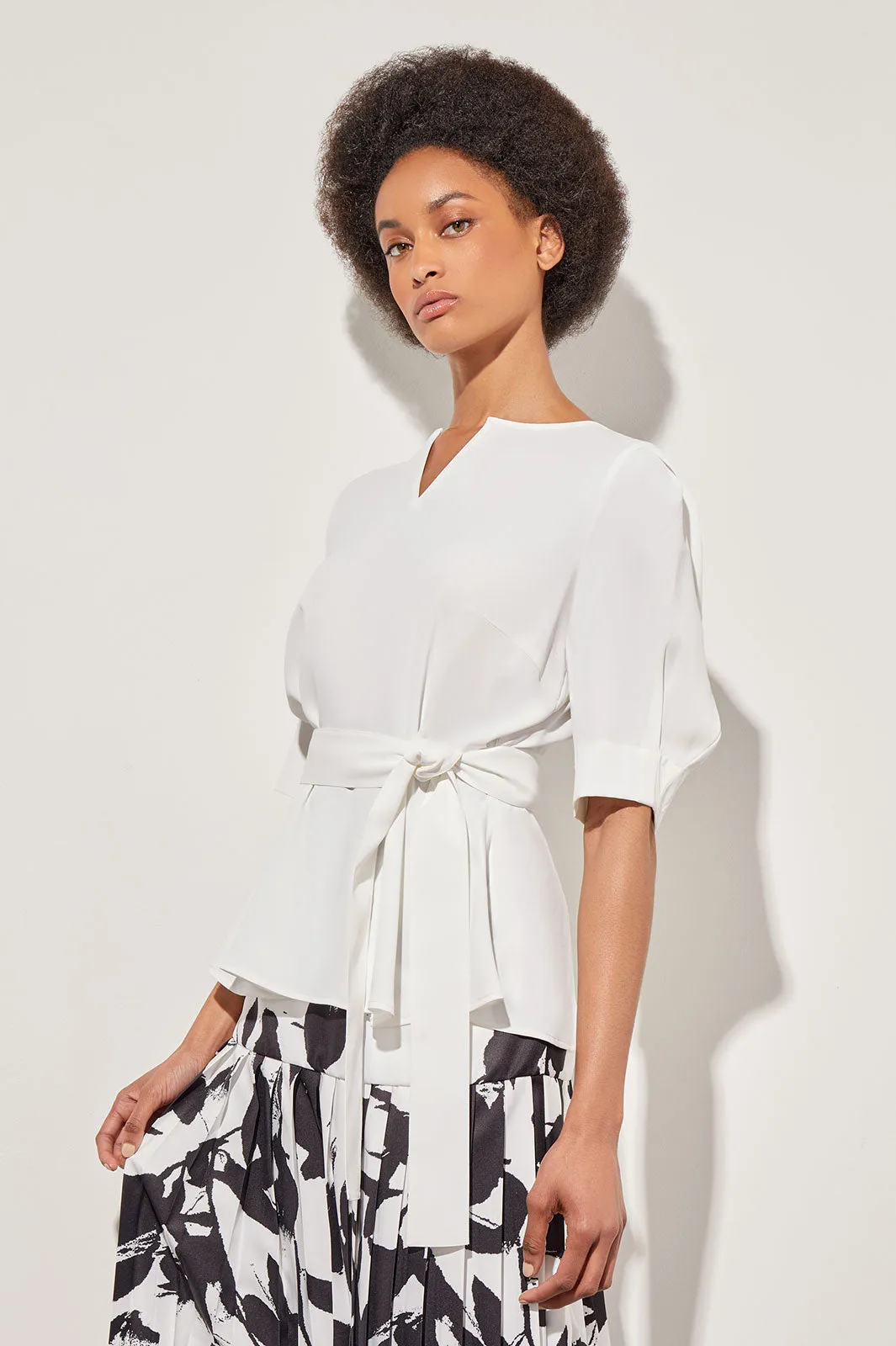 Split V-Neck Blouse - Cold-Shoulder Sleeves Crepe de Chine