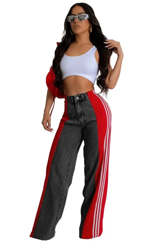 TEEK - BOLD STRIPE DOWN WIDE LEG DENIM PANTS