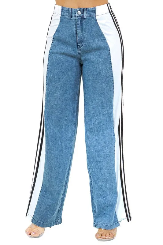 TEEK - BOLD STRIPE DOWN WIDE LEG DENIM PANTS