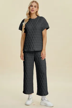 Texture Round Neck Short Sleeve Top and Pants Set