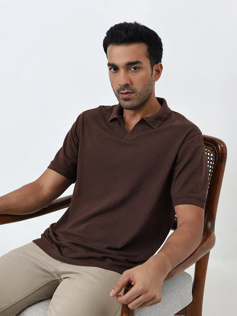 WES Casuals Brown Self-Striped Relaxed-Fit Polo T-Shirt