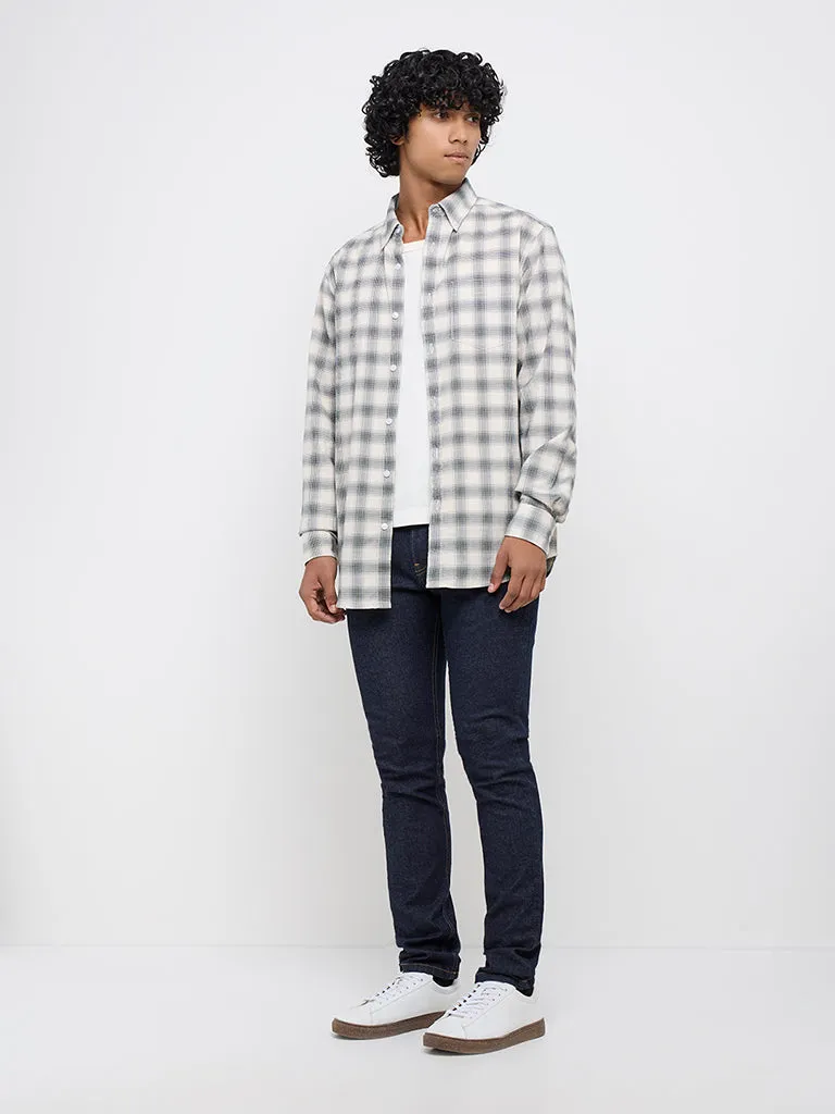 WES Casuals Green Checkered Relaxed-Fit Cotton Blend Shirt