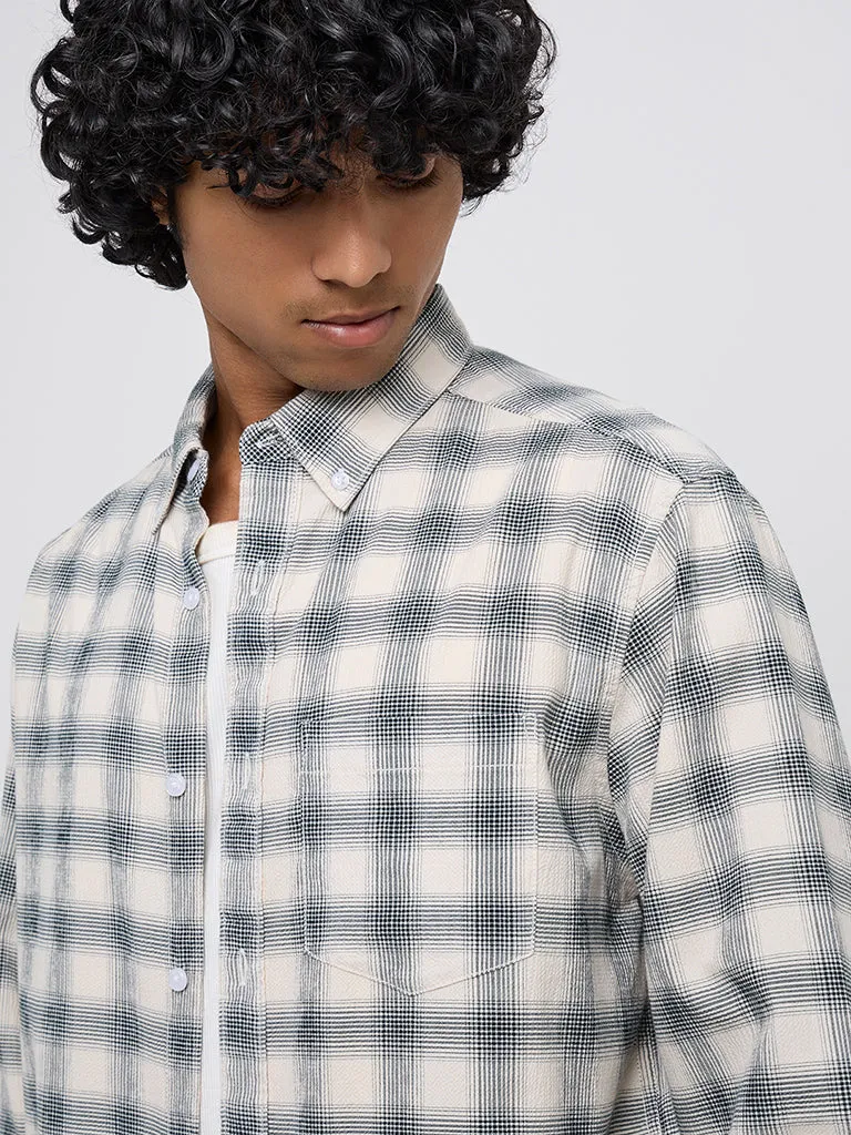 WES Casuals Green Checkered Relaxed-Fit Cotton Blend Shirt