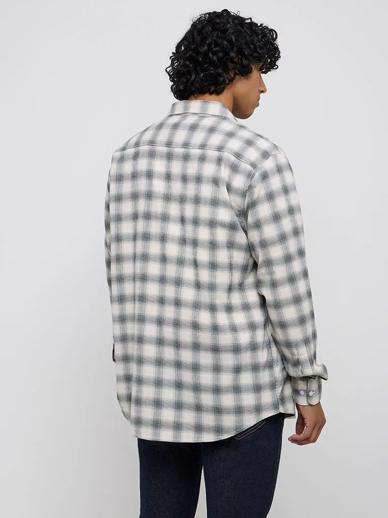 WES Casuals Green Checkered Relaxed-Fit Cotton Blend Shirt