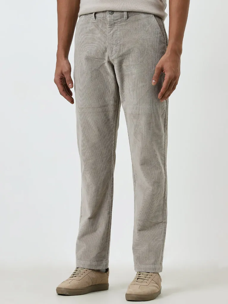 WES Casuals Grey Ribbed Relaxed-Fit Mid-Rise Chinos