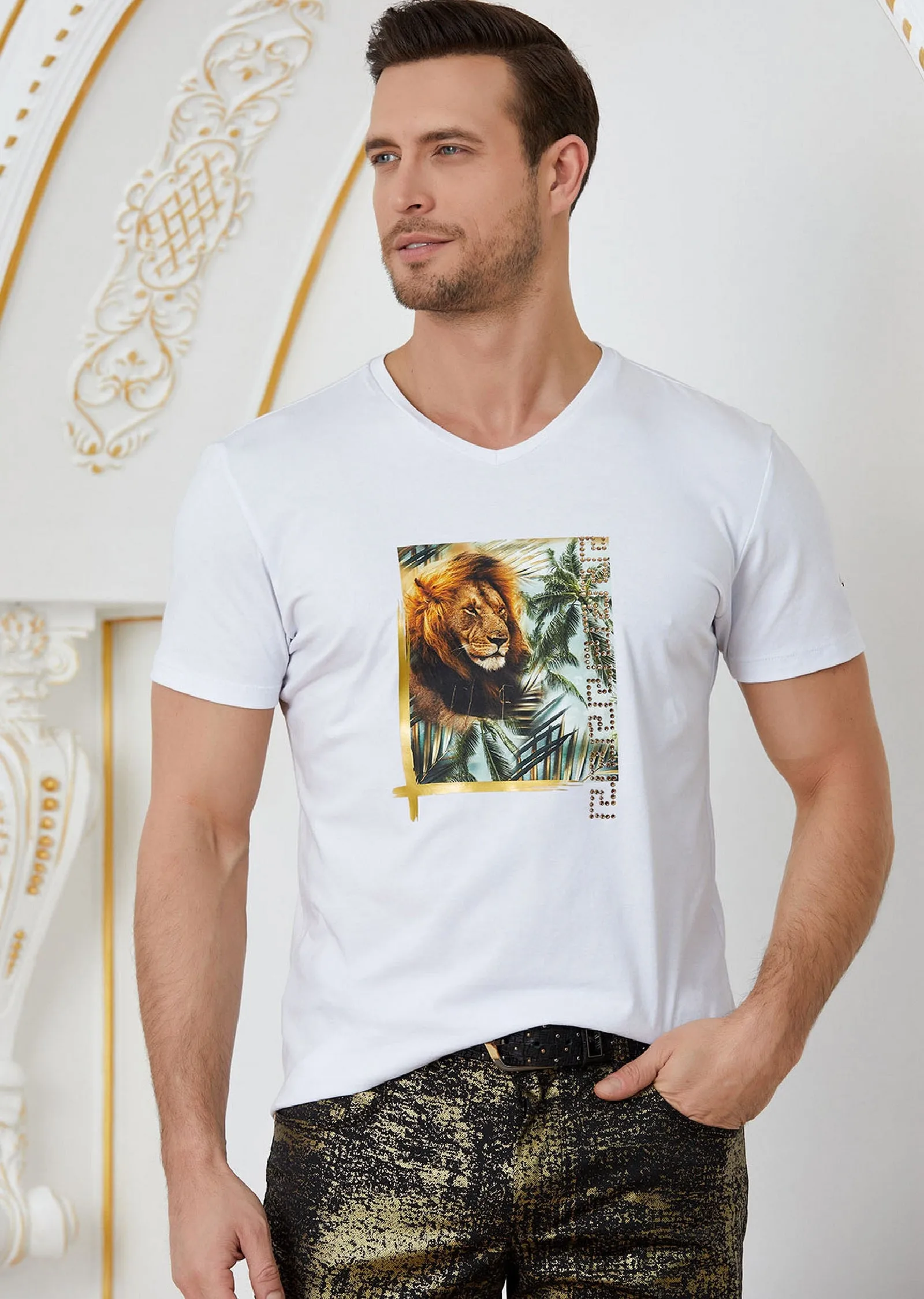 White "Lion Meander" Rhinestone Tee