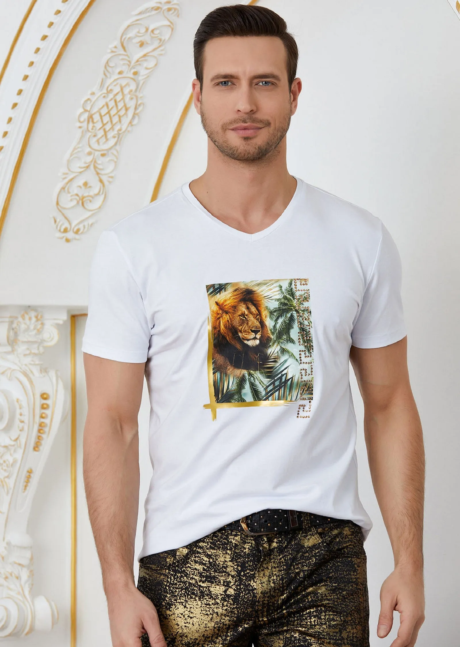 White "Lion Meander" Rhinestone Tee